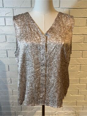 Eileen Fisher Tan Cream Button Front Silk Organic Cotton Sleeveless Blouse M